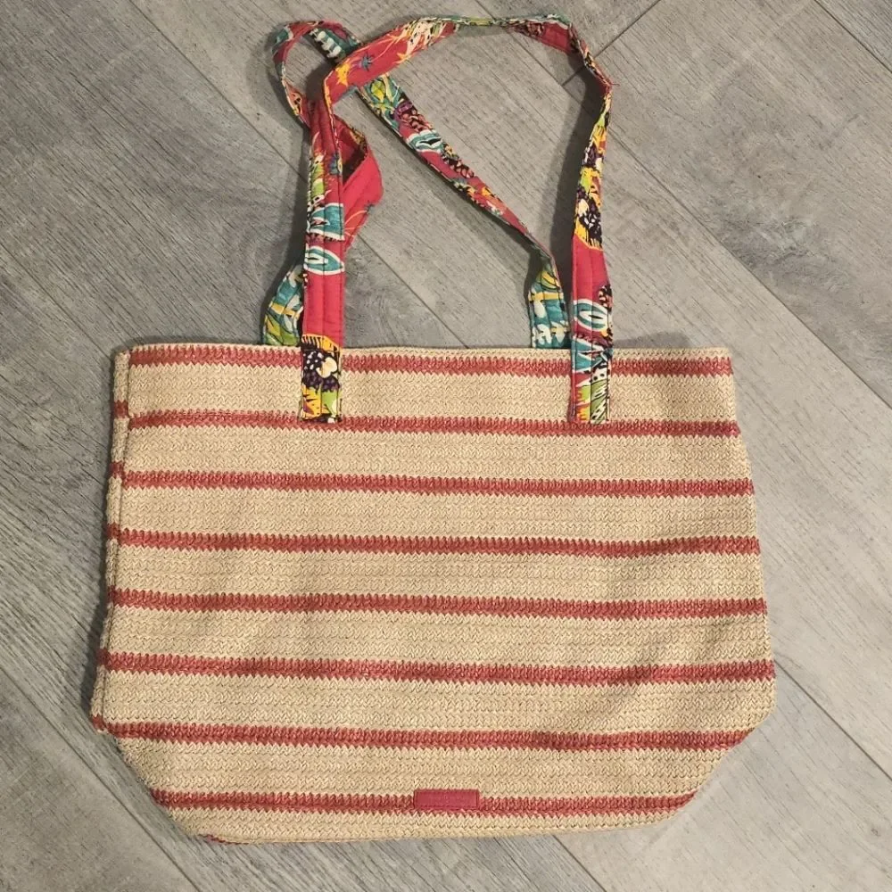 Vera Bradley Straw Bold Paisley Strap Stripe Leaf Embroidered Beach Bag Tote